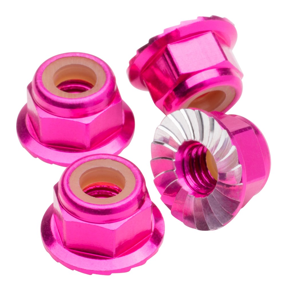 1up Racing Premium Aluminum Locknuts M4 Flanged & Serrated - Hot Pink