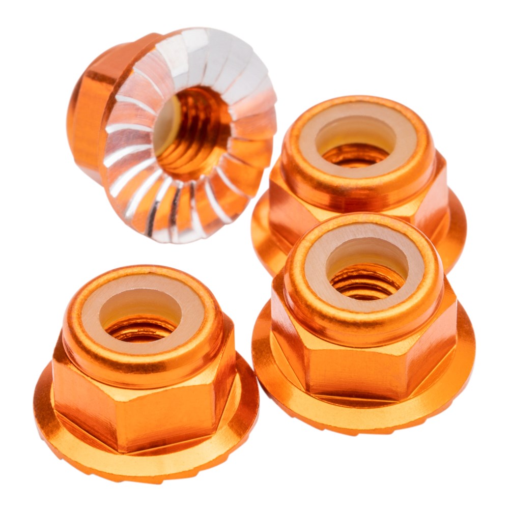 1up Racing Premium Aluminum Locknuts M4 Flanged & Serrated - Orange