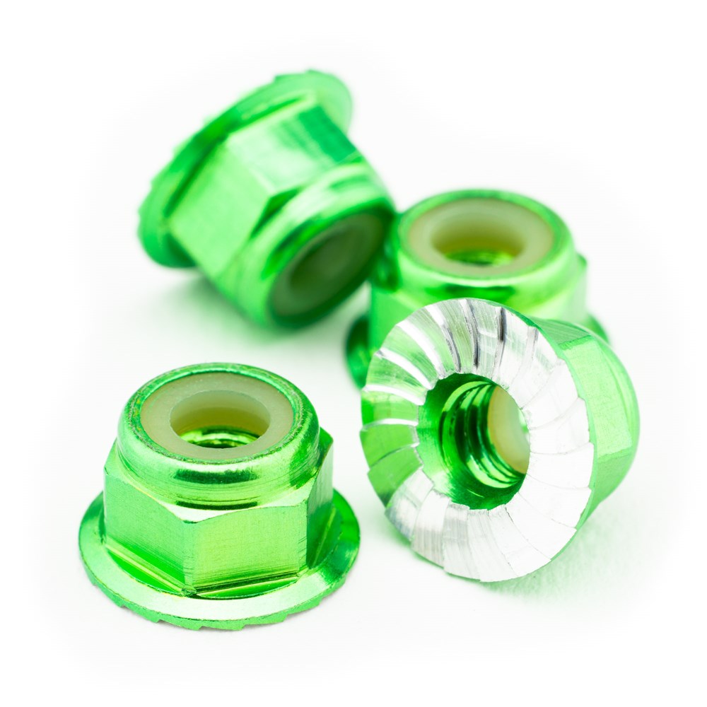 1up Racing Premium Aluminum Locknuts M4 Flanged & Serrated - Green