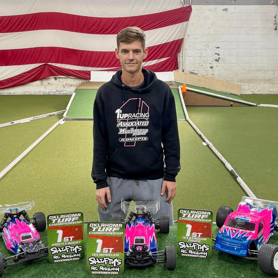 Cameron Eaves pulling the hat trick at Shiftys R/C Raceway
